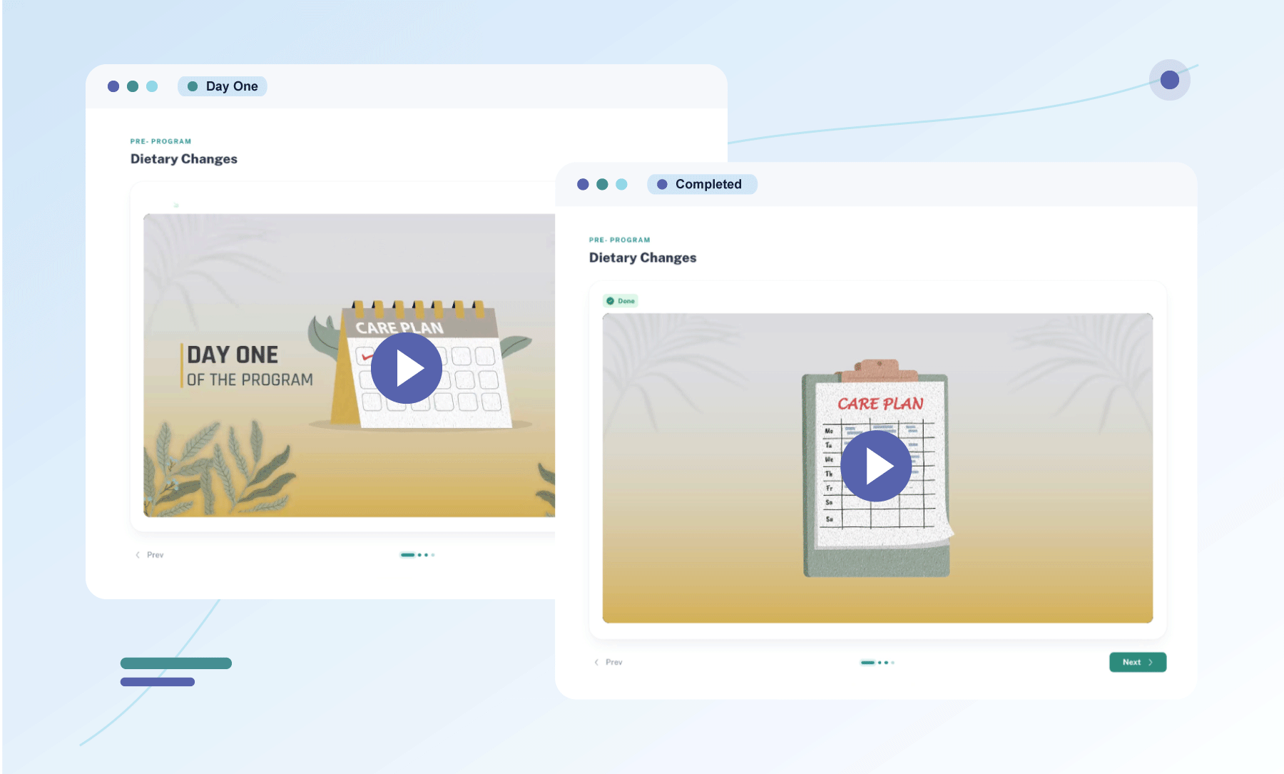 A card-based lesson in the member portal, and the same lesson marked done.