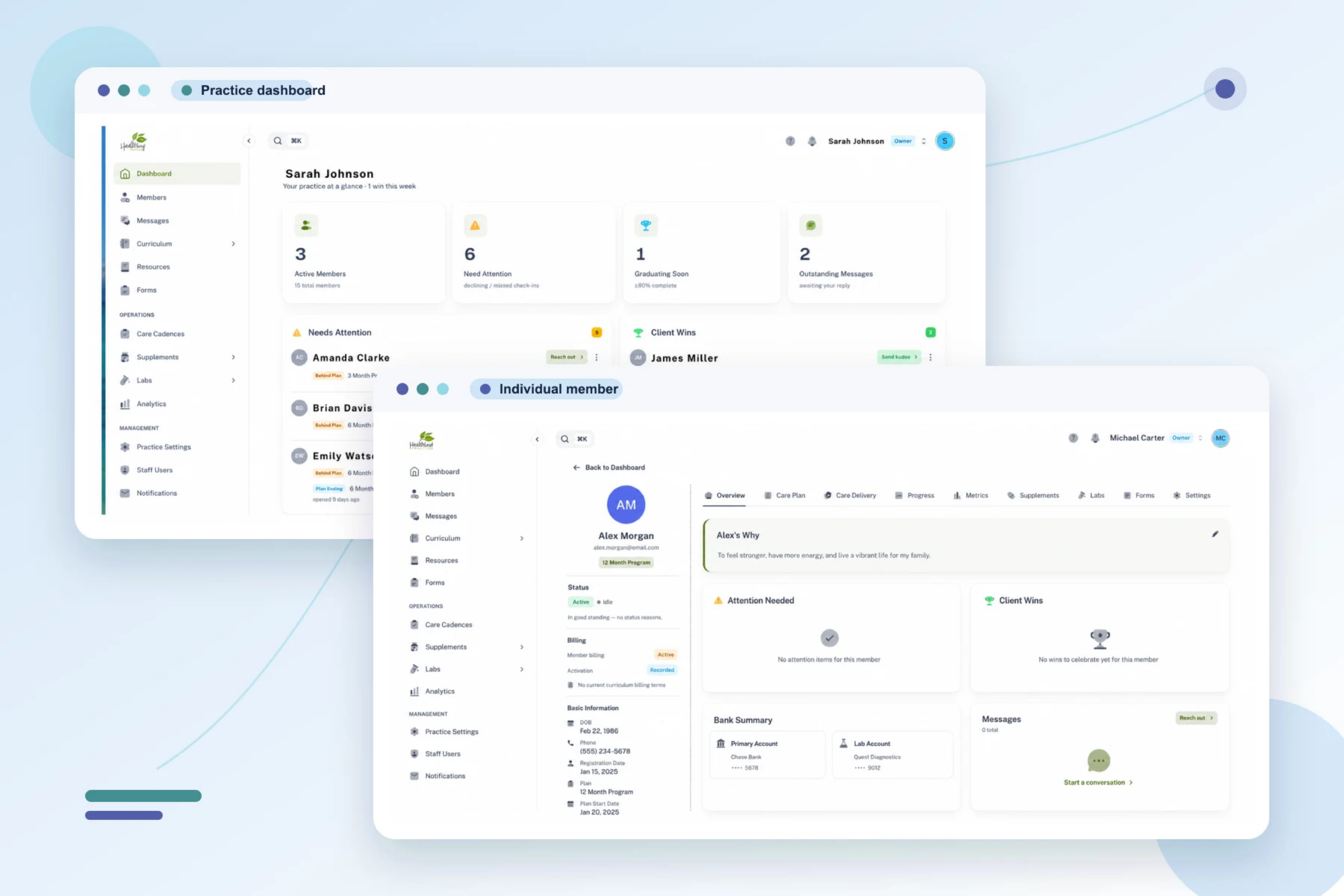 The Vibility practitioner dashboard showing member participation and progress